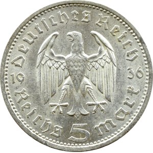 Germany, Third Reich, Hindenburg, 5 marks 1936 A, Berlin, UNC