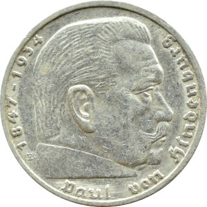 Germany, Third Reich, Hindenburg, 5 marks 1938 E, Muldenhütten