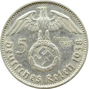 Germany, Third Reich, Hindenburg, 5 marks 1938 E, Muldenhütten
