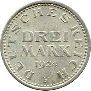 Weimar Republic, 3 marks 1924 F, Stuttgart