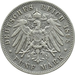 Germany, Württemberg, Wilhelm II, 5 marks 1898 F, Stuttgart