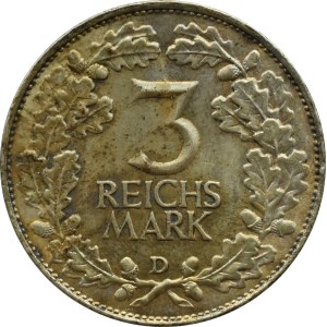 Weimar Republic, 3 marks 1925 D, Munich, Rheilande