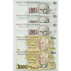 Brazil, lot of 50-1000 cruzeiros banknotes, 5 pieces, UNC