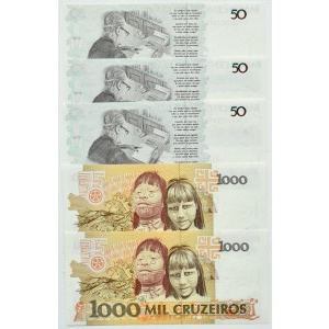 Brazil, lot of 50-1000 cruzeiros banknotes, 5 pieces, UNC