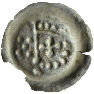 Teutonic Order, broad brakteat (1236-1248), arm with pennant and 5 balls on the left side, Torun