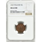 II RP, 5 groszy 1937, Warsaw, NGC MS 63 RB