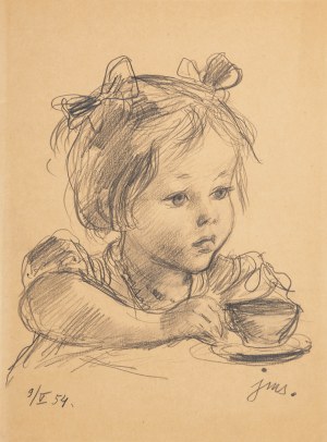 Jan Marcin Szancer (1902 Kraków-1973 Warszawa), Portret Moniki z filiżanką goracej czekolady, 1954 r.