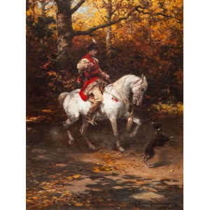 Alfred Wierusz-Kowalski (1849 Suwalki - 1915 Munich), Prince Andrzej Lubomirski on a white horse, ca. 1885