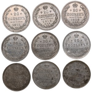 Group of Russian 20 Kopecks (9) - Nicholas II (1894-1917)