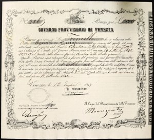 Italian States, Venice, Provisional Government of Venice, Buono per 3.000 Lire 12/7/1849