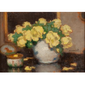 Alfons Karpiński (1875 Rozwadów presso Tarnobrzeg - 1961 Cracovia), Natura morta con rose gialle e scatola