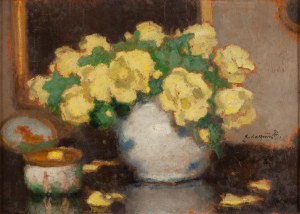 Alfons Karpiński (1875 Rozwadów k. Tarnobrzegu - 1961 Kraków), Martwa natura z żółtymi różami i puzderkiem