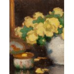 Alfons Karpiński (1875 Rozwadów presso Tarnobrzeg - 1961 Cracovia), Natura morta con rose gialle e scatola