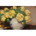 Alfons Karpiński (1875 Rozwadów presso Tarnobrzeg - 1961 Cracovia), Natura morta con rose gialle e scatola