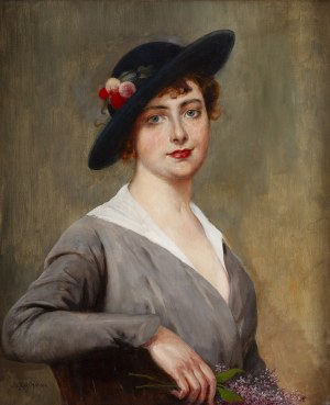 Stanisław Józef Rejchan (1858 Lwów - 1919 Kraków), Portret kobiety z gałązką bzu
