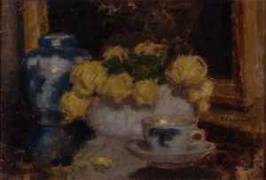 Alfons Karpiński (1875 Rozwadów k. Tarnobrzegu - 1961 Kraków), Martwa natura z żółtymi różami i porcelanową wazą