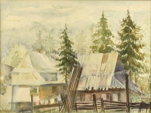 Marian TRZEBIŃSKI (1871-1942), Pejzaż tatrzański z chatami i górami w tle, 1938