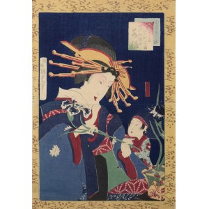 UTAGAWA KUNISADA II (1823-1880), Kurtyzana Edomachi układająca kwiaty irysów z serii „Ikiutsushi bijin kurabe”