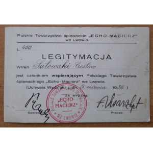 Legitymacja Polskiego Towarzystwa śpiewackiegoEcho-Macierz