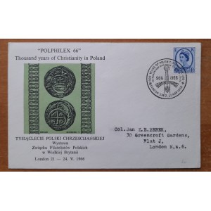 Koperta ze znaczkiem pocztowym z okazji Wystawy Związku Filatelistów Polskich w Wielkiej Brytanii 21-24 V 1966 r..