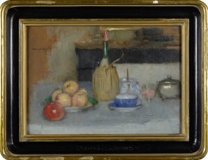 Alfons KARPIŃSKI (1875-1961), Martwa natura z butelką wina i jabłkami