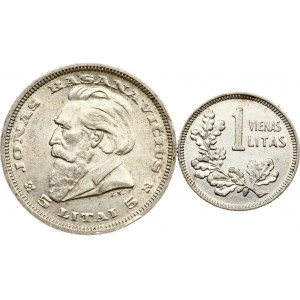 Lithuania 1 Litas 1925 & 5 Litai 1936 Basanavicius Lot of 2 coins