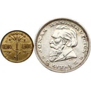 Lithuania 1 Centas 1925 & 5 Litai 1936 Basanavicius Lot of 2 coins