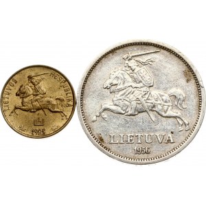 Lithuania 1 Centas 1925 & 5 Litai 1936 Basanavicius Lot of 2 coins