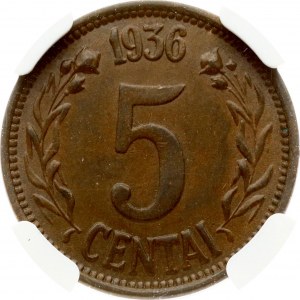 Lithuania 5 Centai 1936 NGC AU 58 BN