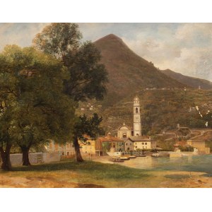 PEJZAŻ Z CERNOBBIO NAD JEZIOREM COMO, pocz. XX w., Olej, karton naklejony na płótno, 32 x 39,5 cm