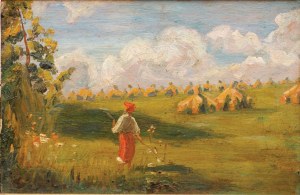 Jan STANISŁAWSKI - przypisywany, PEJZAŻ ZE ŻNIWIARKĄ, ok. 1890