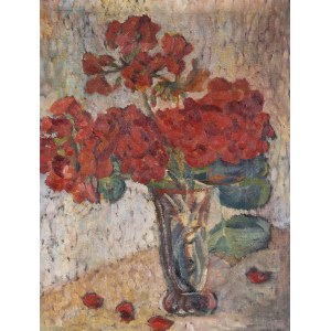 Zdzisław PRZEBINDOWSKI, CZERWONE PELARGONIE W SZKLANYM WAZONIE