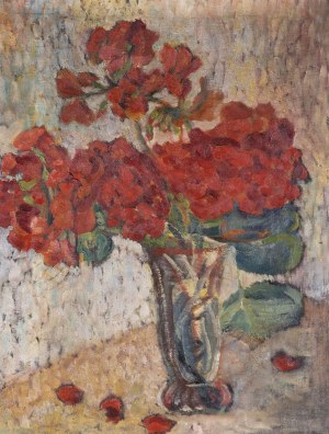 Zdzisław PRZEBINDOWSKI, CZERWONE PELARGONIE W SZKLANYM WAZONIE