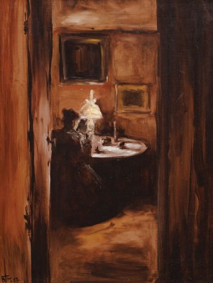 Borys MICHALIK, WNĘTRZE Z KOBIETĄ PRZY LAMPIE NAFTOWEJ, 1987