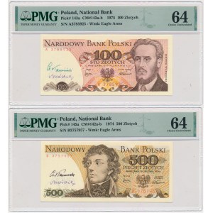100zł 1975-A i 500zł 1974-B z autografami Czesława Kamińskiego i Andrzeja Heidricha