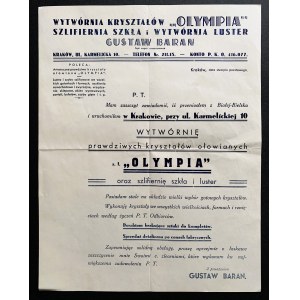 [Publicité] FABRICATION DE CRISTAUX 'OLYMPIA'. LA FABRICATION DE BOUCLIERS ET DE LUSTRES EN VERRE. GUSTAW BARAN. Kraków [II RP].