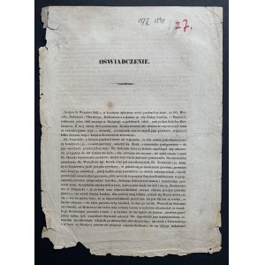 [Wielka Emigracja/MARCHINSKI F. A.] OŚWIADCZENIE. Paryż [1841]