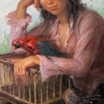 Lucio Tafuri, Girl with Birdcage and Parrot - Lucio Tafuri (1941)