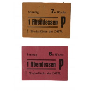 Zestaw 2 kuponów na kolacje w stołówce zakładowej DWM [Deutsche Waffen- und Munitionsfabrike] funkcjonującej w czasie II wojny światowej w Zakładach H. Cegielskiego w Poznaniu, RZADKIE