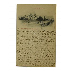 SAN LORENZO de ESCORIAL - Klasztor Escorial , długi adres, vorlaufer, stempel Hotel Peninsular Barcelona, obieg pocztowy 7.4.1900r.