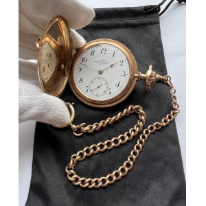 Gold Pocket watch NOMOS Glashütte Germany No.641 ,around the year 1910 , Total weight 110,2g, Gold Au.585 with punch, watch case and chain, fully functional, certificate of the assay office, description from literature