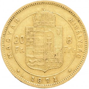 FRANCIS JOSEPH I. 1848-1916 8 Forint/20 Francs 1871 G.Y.F, KM#455, ÉH#1453, Au.900 6,45g 21mm Karlsberg, Alba Lilia (Romania)