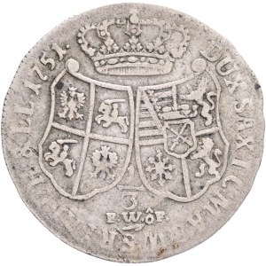 SAXONY FRIEDRICH AUGUST III. 1/3 Thaler 1751, FwoF, KM#A878, C#28 Ag. 7,58g, 30/1,8mm, Dresden