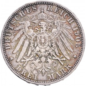 BADEN FRIEDRICH II. 3 Mark 1908 G , KM#280 J#39, Ag.900 16,67g 33mm Karlsruhe patina