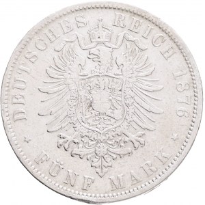 WUERTTEMBERG KARL I. 5 Mark 1876 F, J#173, Ag. 900 27,47g 38mm, Stuttgart