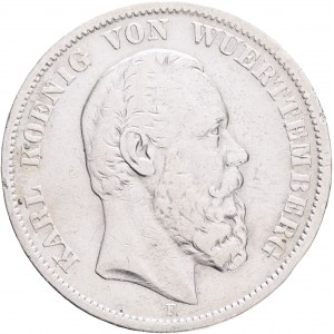 WUERTTEMBERG KARL I. 5 Mark 1876 F, J#173, Ag. 900 27,47g 38mm, Stuttgart