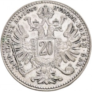 FRANCIS JOSEPH I. 1848-1916 20 Kreutzer 1869, KM#2212, Ag.900, 4,31g 22/1,4mm, Vienna