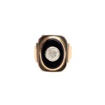 Gold signet ring with onyx and natural diamond, 18 k