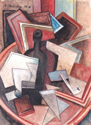Alicja HALICKA (1894 - 1975), Kubizująca martwa natura z butelką i fajką; druga dekada XX w