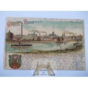 Poznan, Posen, panorama, coat of arms, lithograph, 1899